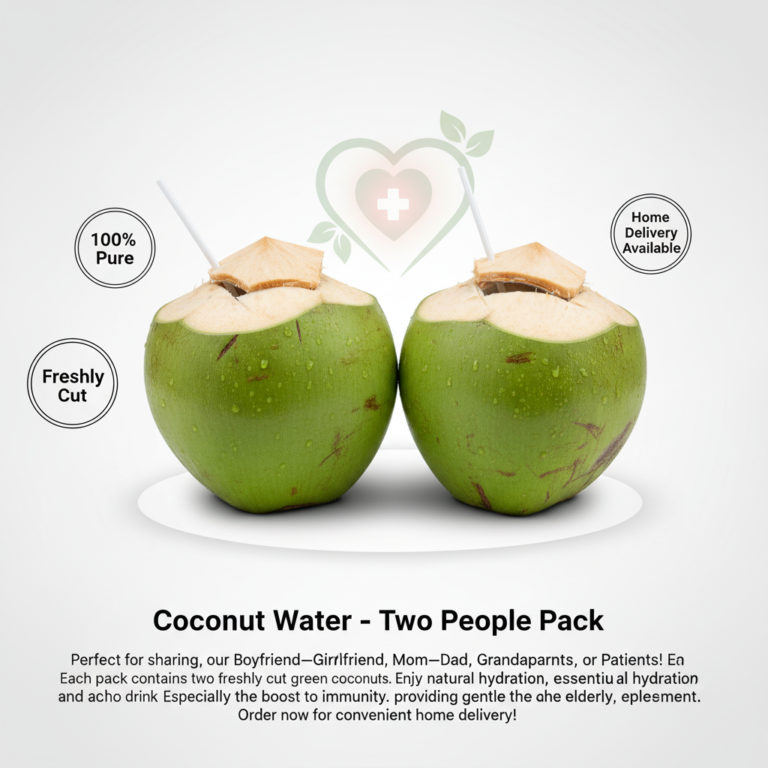 “Fresh green coconut water two-pack for home delivery, healthy drink for couples, parents, grandparents or patients – premium natural coconut water product image.” ✔ Coconut Water + Home Delivery (SEO keywords included) ✔ Two Pack shown in image ✔ Couples, Parents, Grandparents, Patients (Target audience included) ✔ Premium, Natural, Fresh (High-converting keywords)